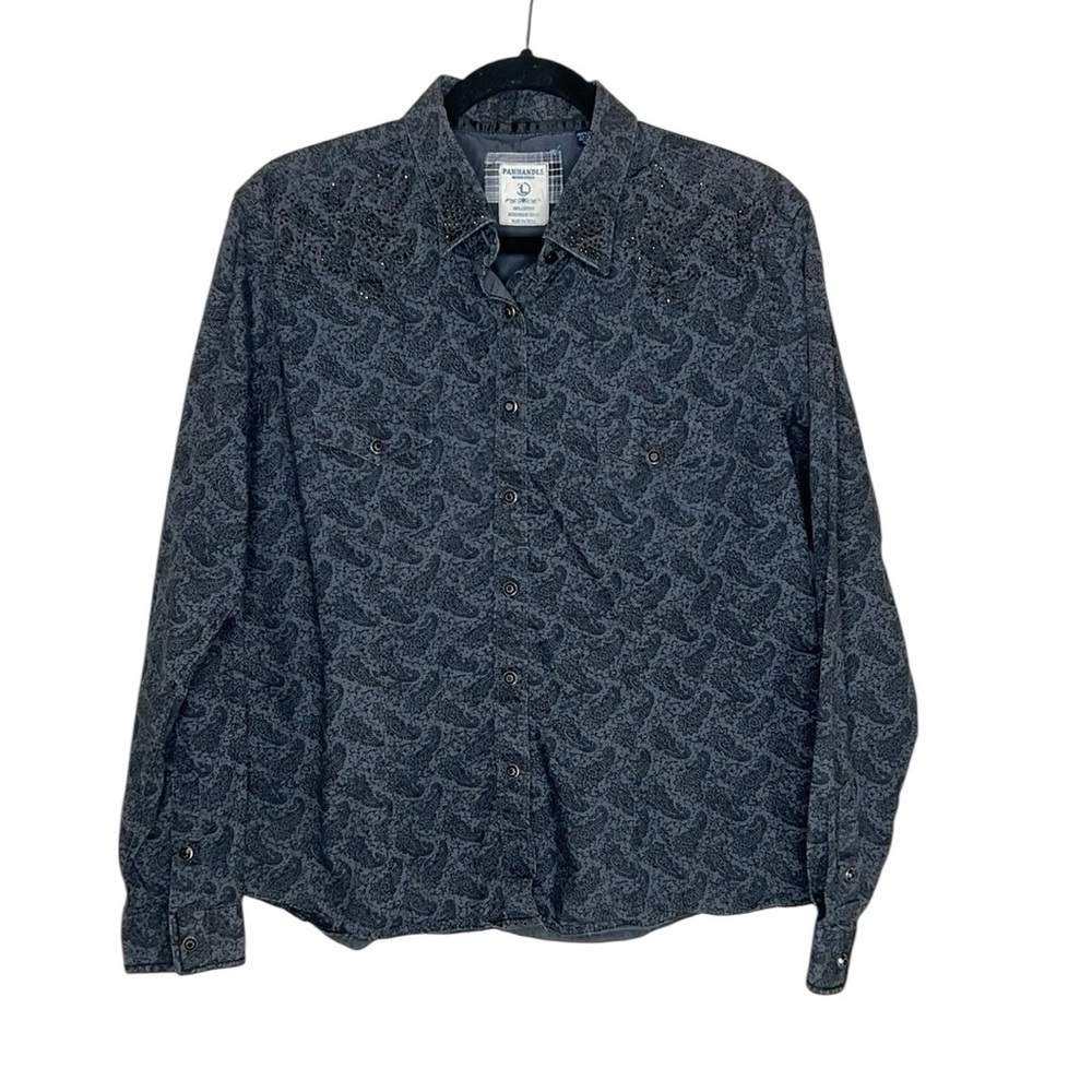 PANHANDLE Western Paisley Print black and gray embellished snap front shirt